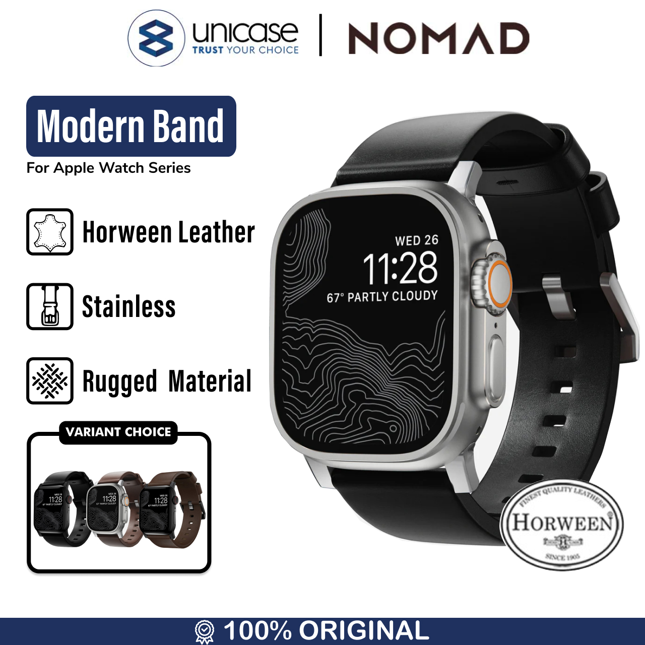 Nomad Apple Watch 49mm / 46mm / 45mm / 44mm / 42mm (Series 3 / 2 / 1) Strap Modern Band Horween Leather - Black Silver Hardware NM1A41SM00