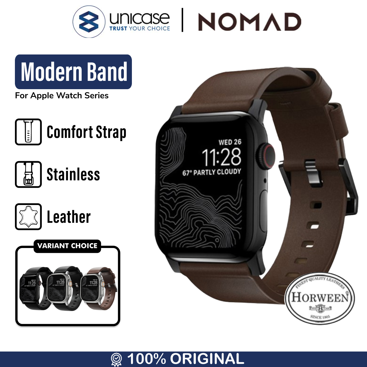 Nomad Apple Watch 49mm / 46mm / 45mm / 44mm / 42mm (Series 3 / 2 / 1) Strap Modern Band Horween Leather - Rustic Brown NM1A4RBM00