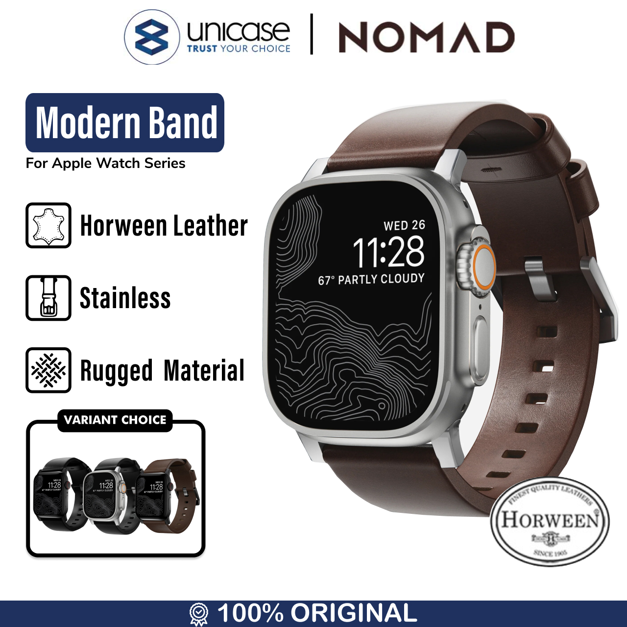 Nomad Apple Watch 49mm / 46mm / 45mm / 44mm / 42mm (Series 3 / 2 / 1) Strap Modern Band Horween Leather - Rustic Brown Silver Hardware NM1A4RSM00