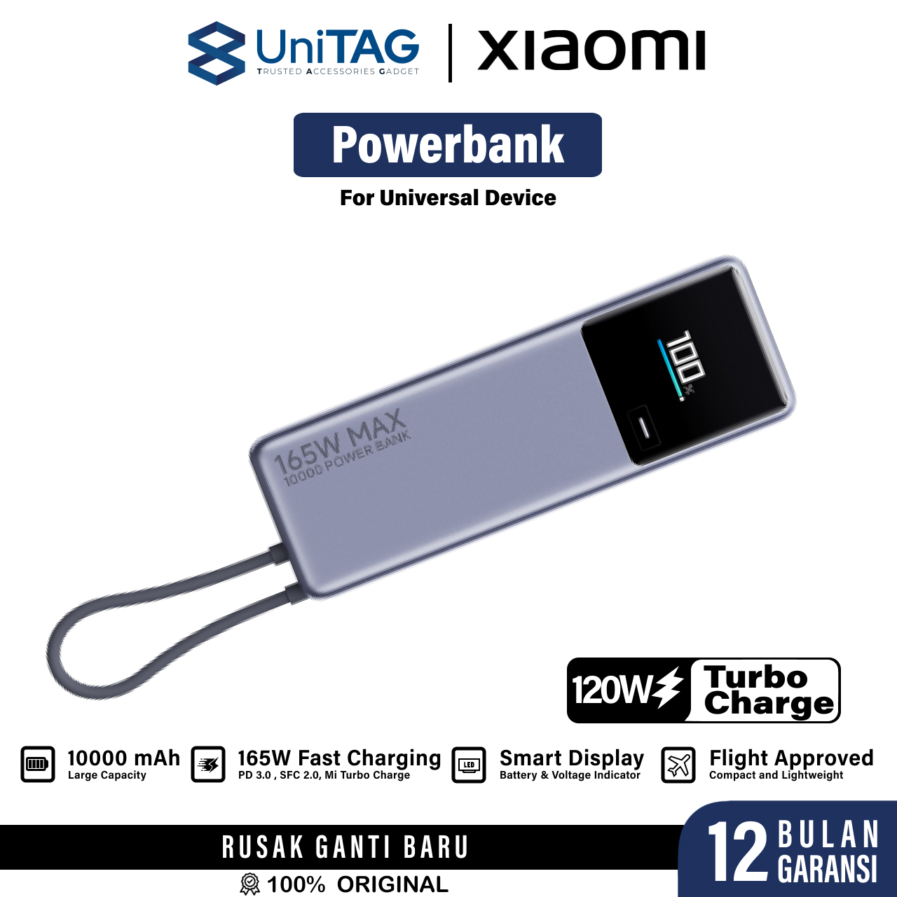 Xiaomi Powerbank Built in Kabel Charger USB C 10000mAh 165W - Gray