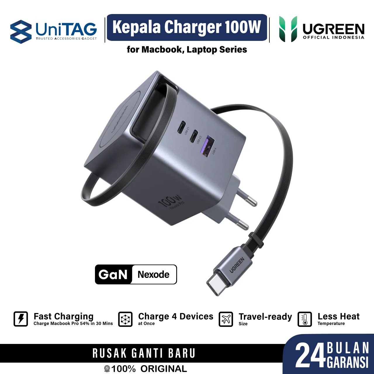 UGREEN Wall Charger 100W 2C 1A Built In Retractable Cable Charger USB C Nexode Pro - Gray 65828