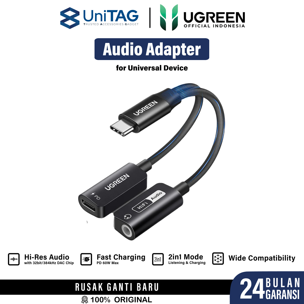 UGREEN Adapter Audio Magnetic USB C to 1C + Jack 3.5mm (DAC) - Black CM721 25837