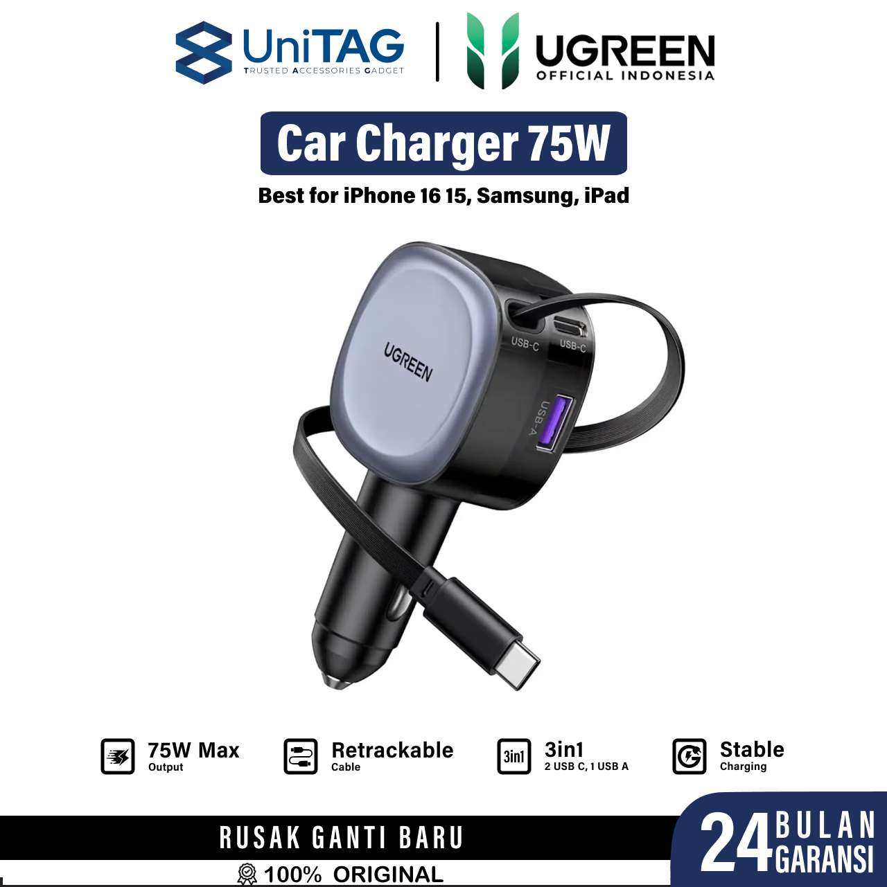UGREEN Car Charger 1A 2C Built-in Retractable Cable USB C 75W - Gray EC601 55653