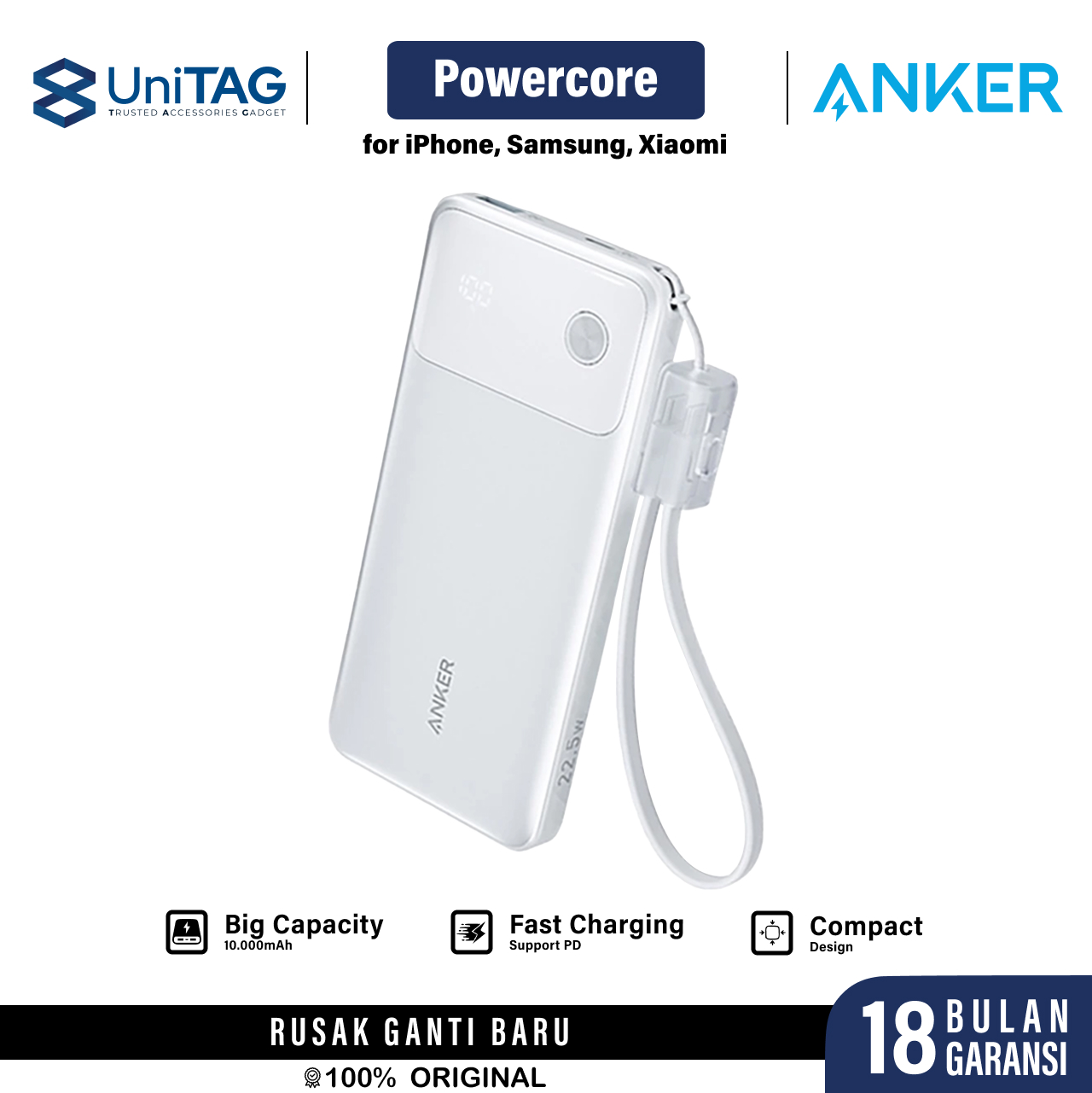 Anker Powerbank 10000mAh 22,5W 1A 1C With USB C Lanyard Cable A1388 - White A1388H21