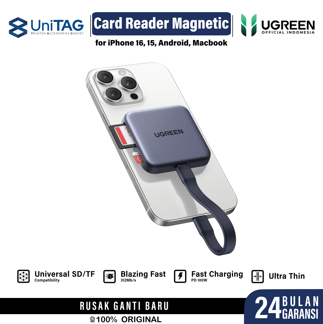 UGREEN Hub Magnetic 3 in 1 USB C to 1C PD 100W 1SD 1TF - Gray 65095