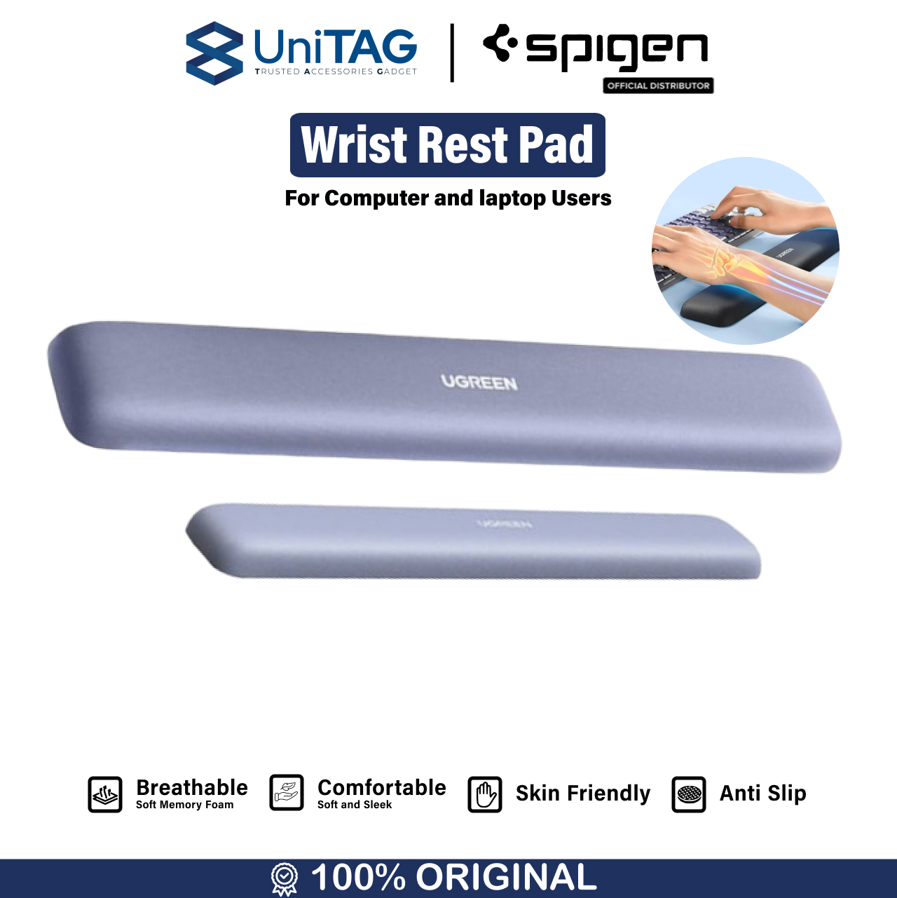 UGREEN Bantal Tangan Ergonomic Keyboard Wrist Rest Pad - Grey LP669 25247