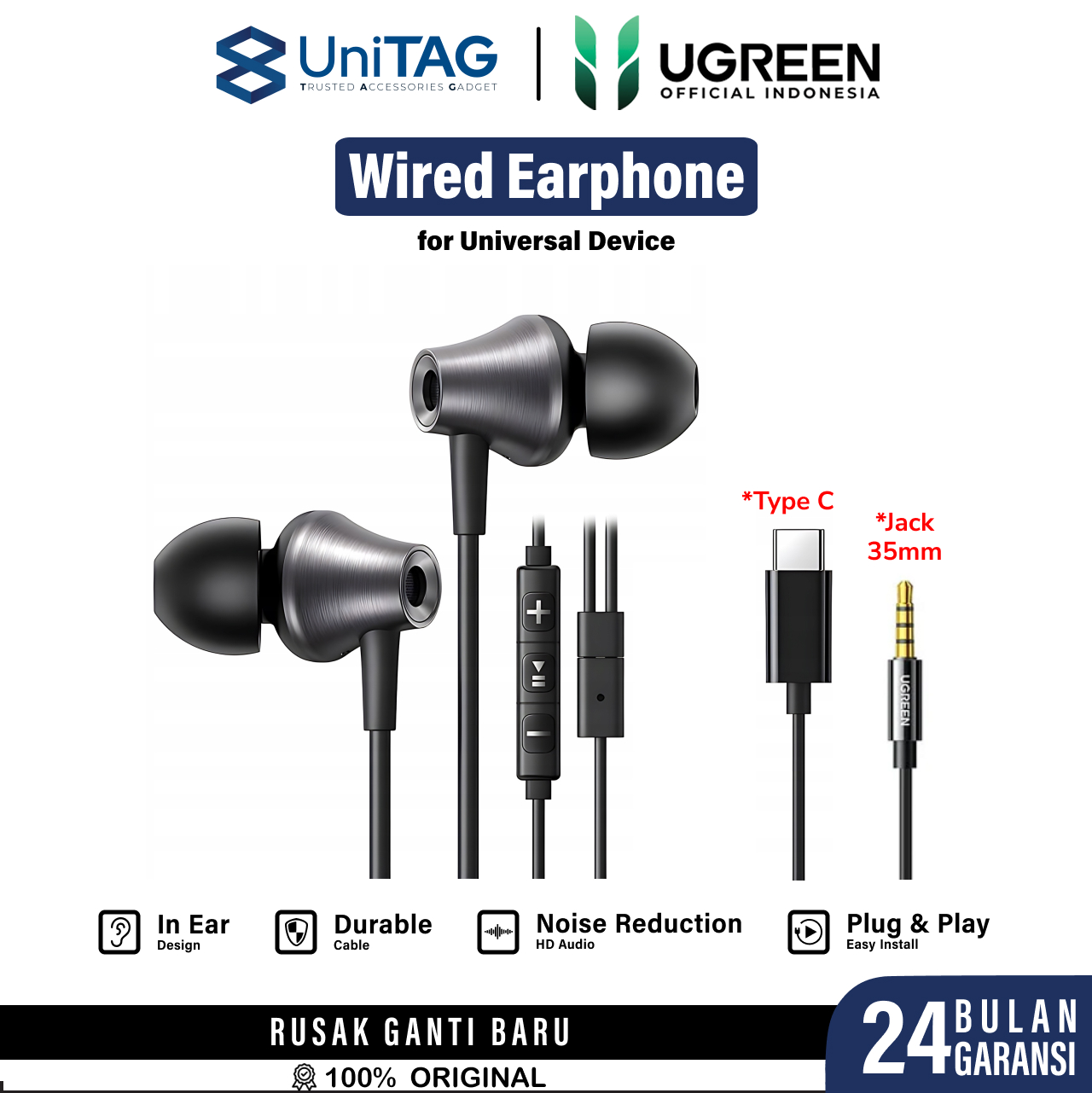 UGREEN Wired Earphone In Ear Jack 3.5mm - Black EP105 35753