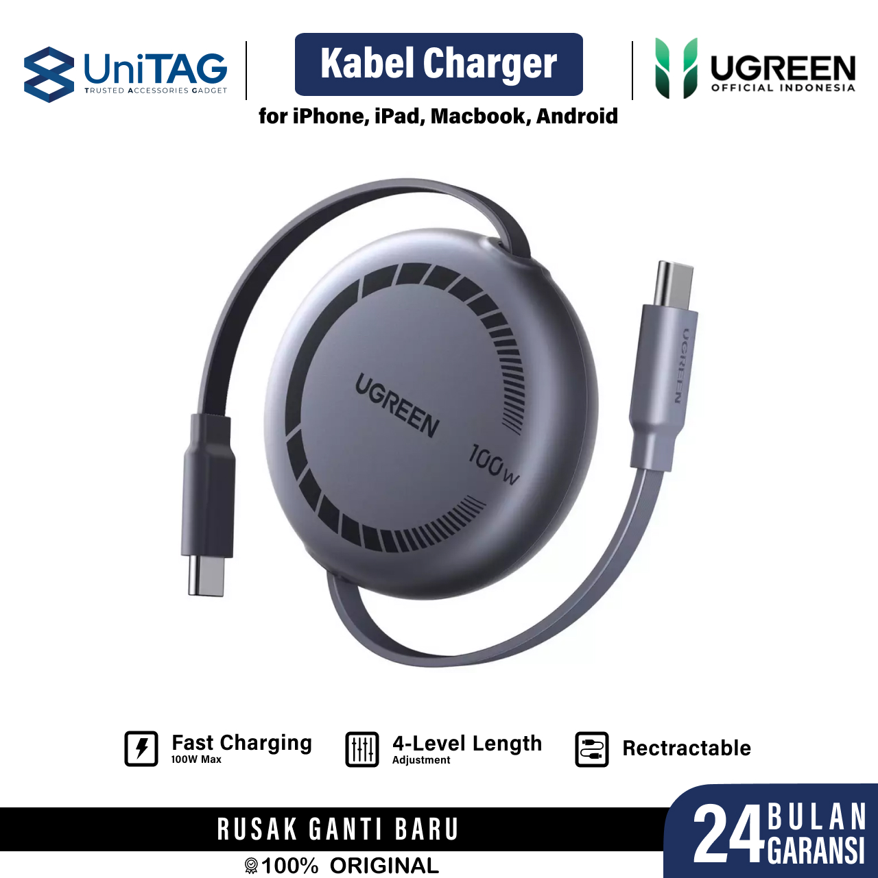 UGREEN Kabel Charger USB C - USB C 5A 100W Retractable 1m Nexode - Gray 65905