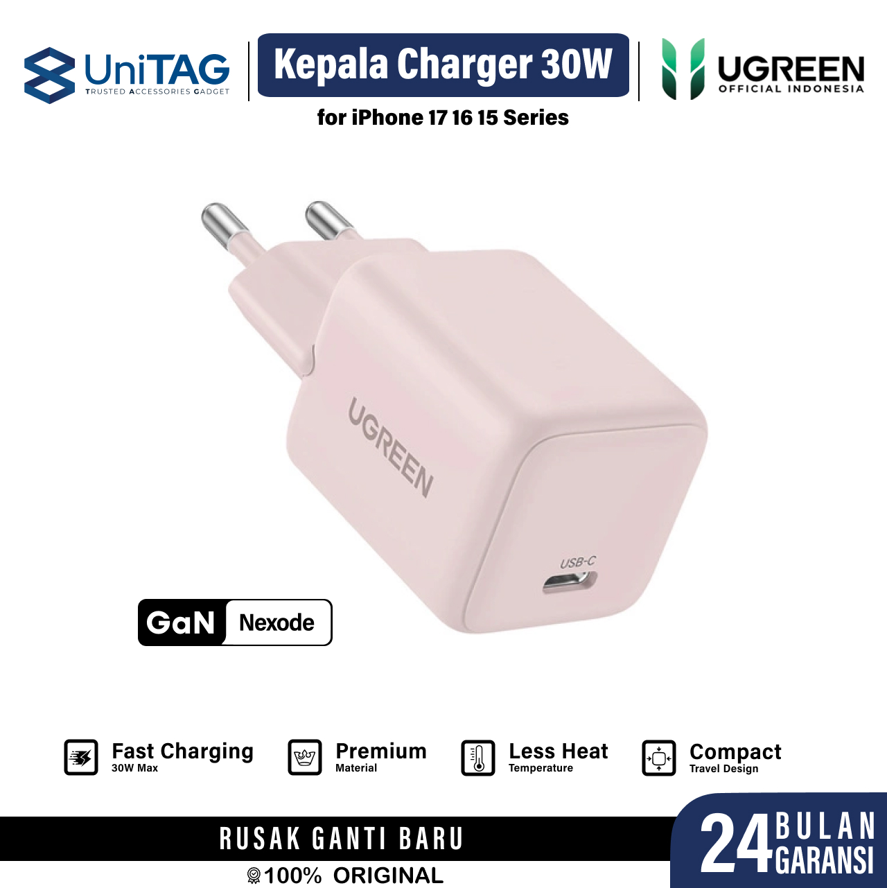 UGREEN Wall Charger 30W 1C GAN N Series - Soft Pink X513 65011