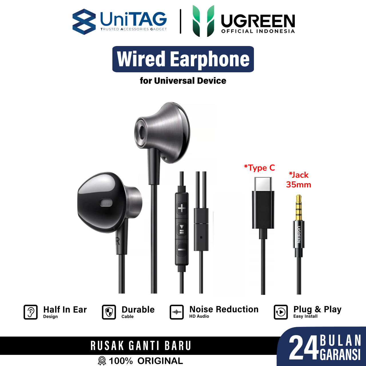 UGREEN Wired Earphone Half In Ear USB C - Black EP106 35756