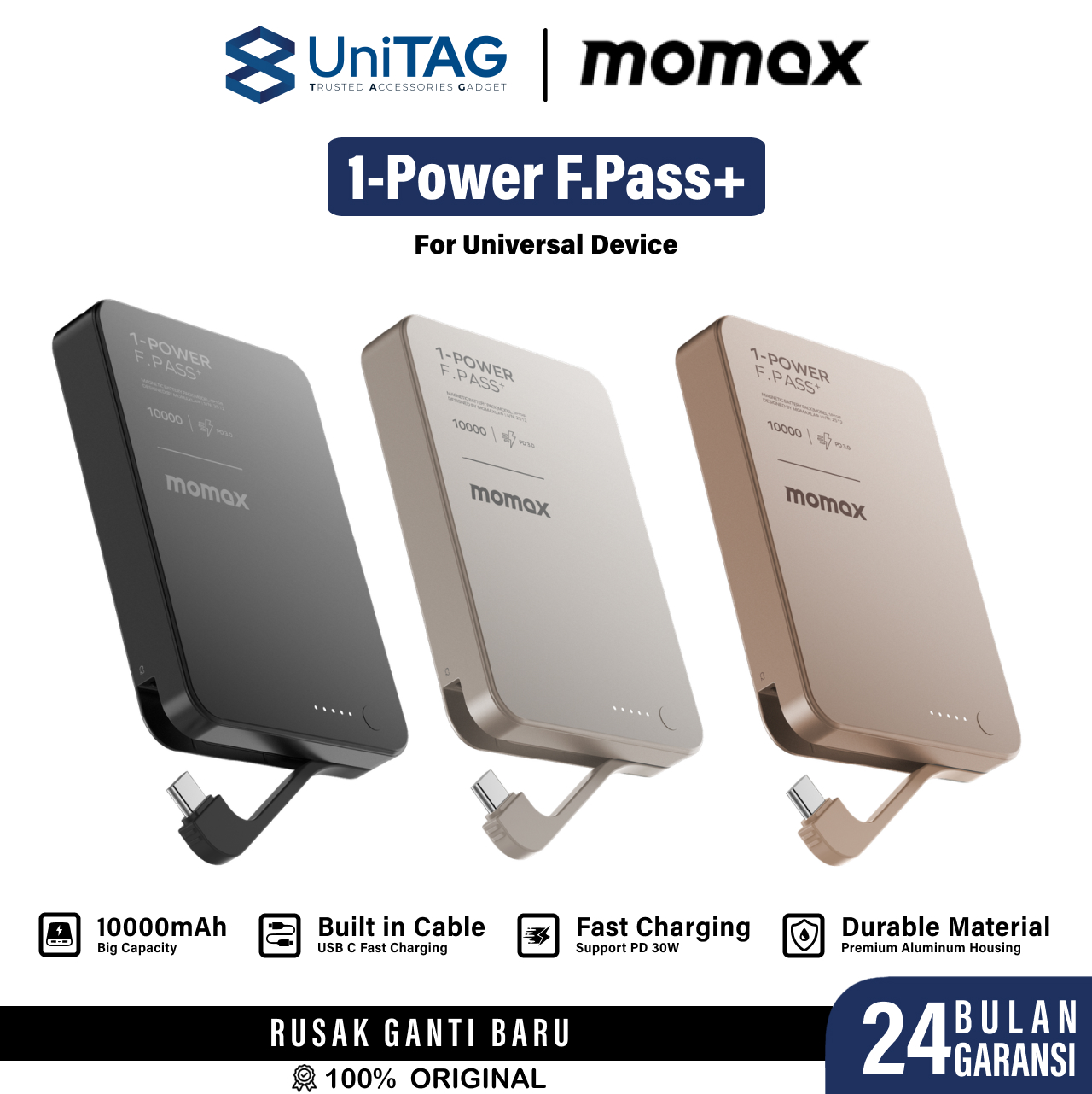 Momax Powerbank Built in Kabel Charger USB C (Magnetic attachment) 10000mAh 1-Power F.Pass+ - Sandstone IP158L2