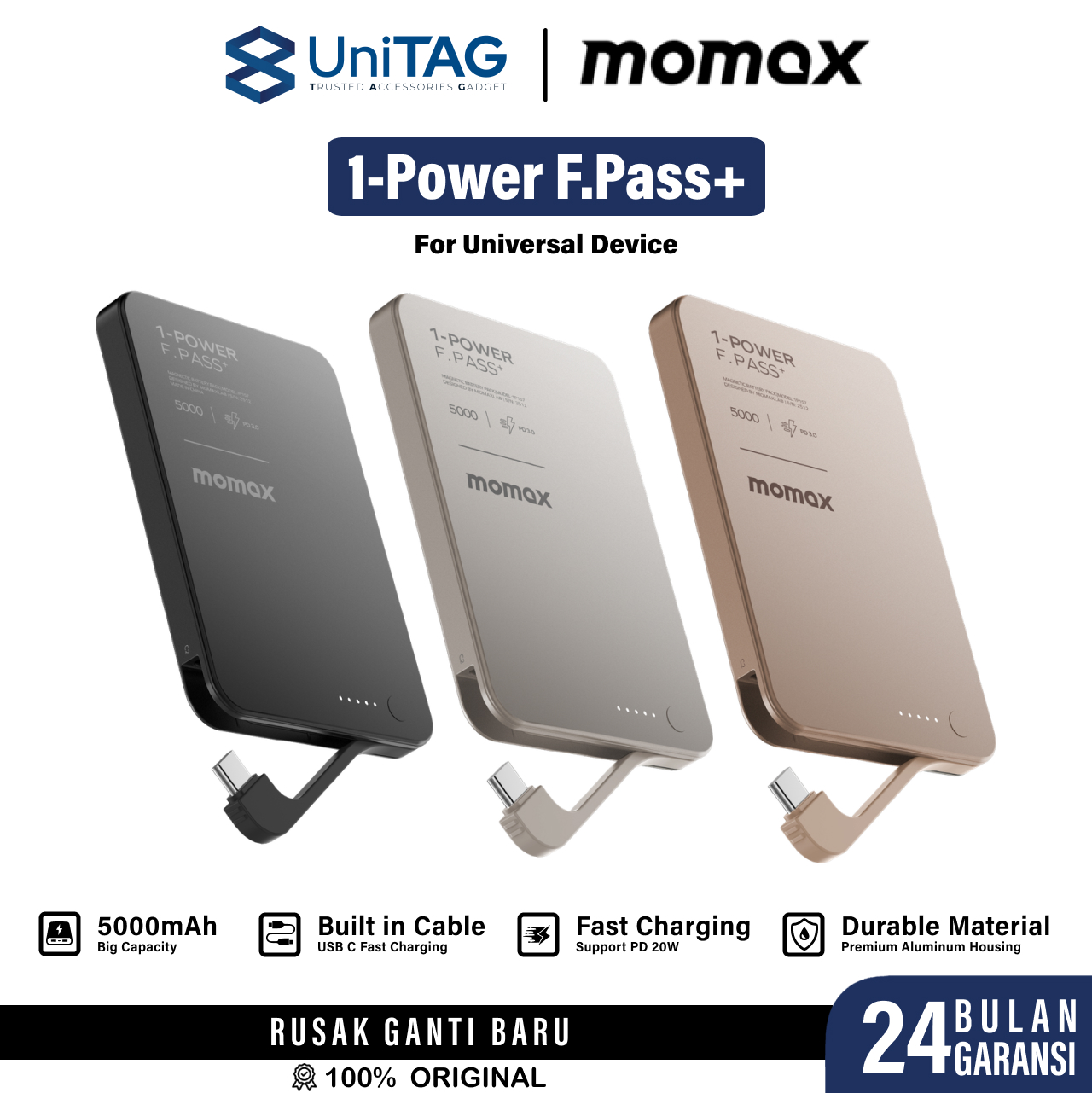 Momax Powerbank Built in Kabel Charger USB C (Magnetic attachment) 5000mAh 1-Power F.Pass+ - Black IP157D