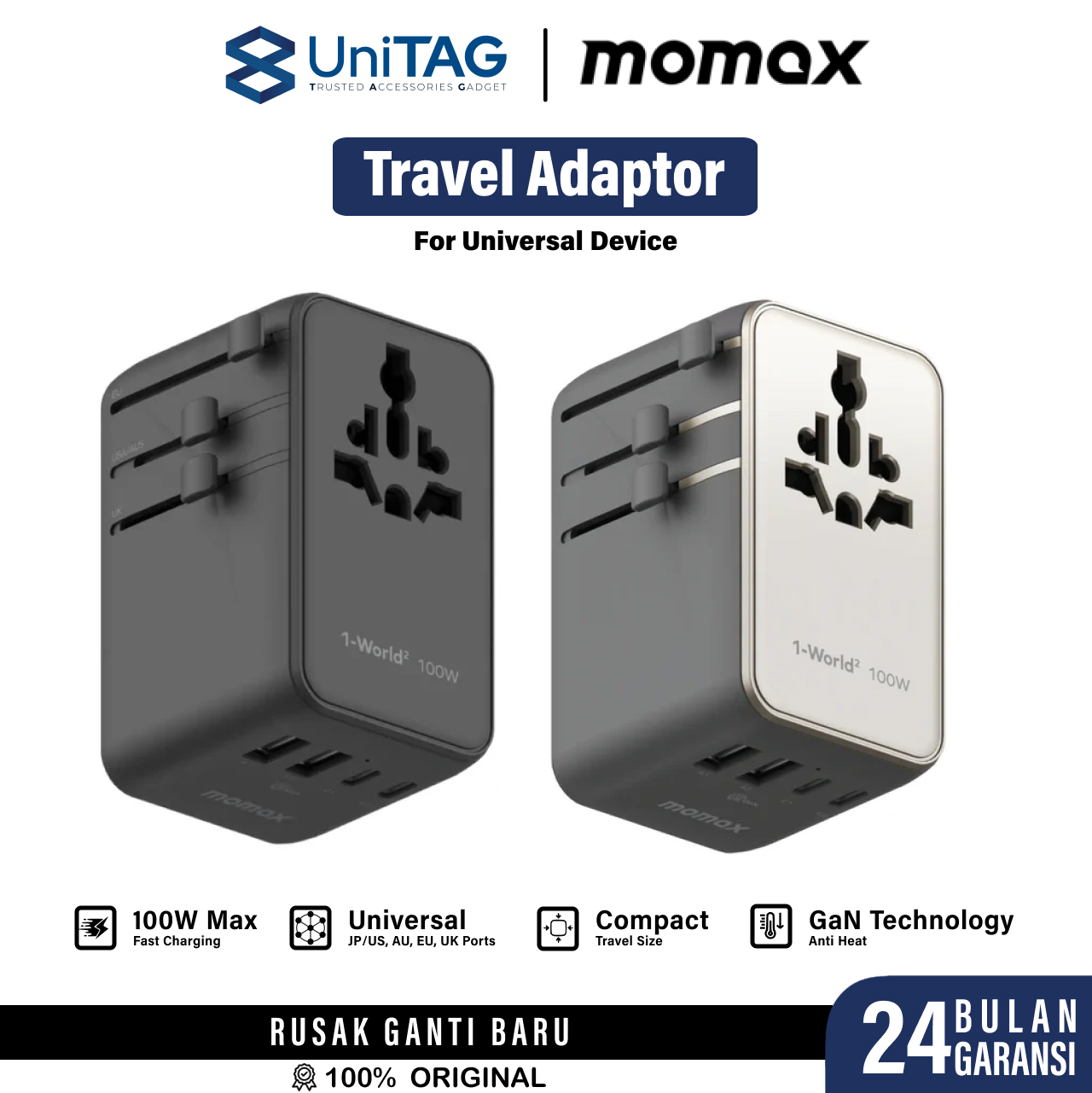 Momax Travel Adaptor 1-World2 Mini Universal 4-Port 2A 2C (with Dual AC) PD QC GaN 100W - Titanium UA23L