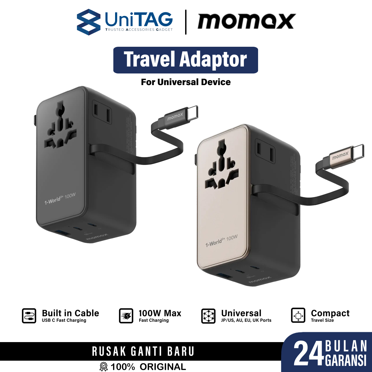 Momax Travel Adaptor 1-World2+ Mini Universal 4-Port 1A 2C + Built-in USB C (with Dual AC) PD QC GaN 100W - Black UA25D