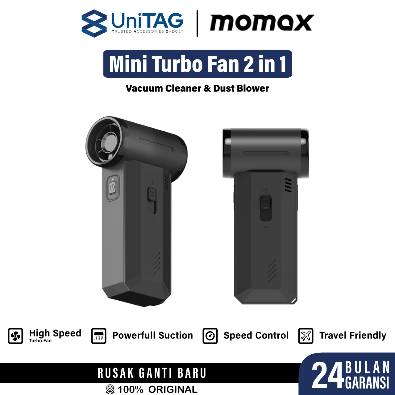 Momax Mini Turbo Fan 2 in 1 Vacuum Cleaner & Dust Blower 1 Airo - Dark Grey RO12E