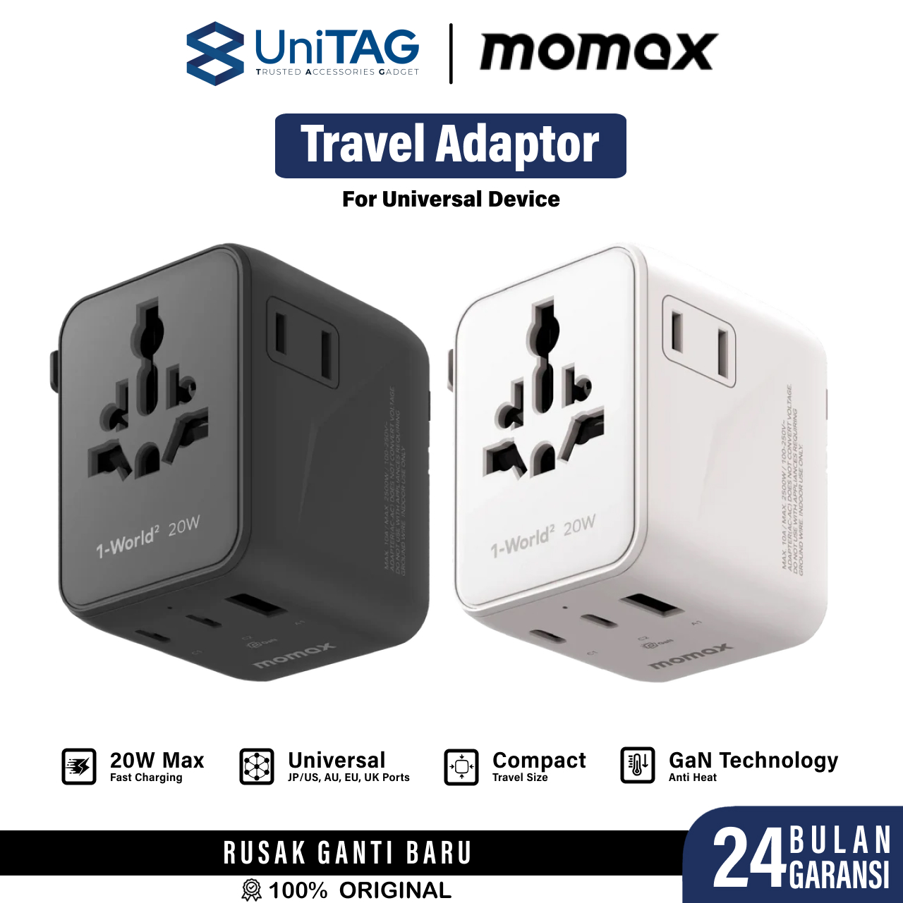 Momax Travel Adaptor 1-World2 Mini Universal 3-Port 1A 2C (with Dual AC) PD QC GaN 20W - White UA26W
