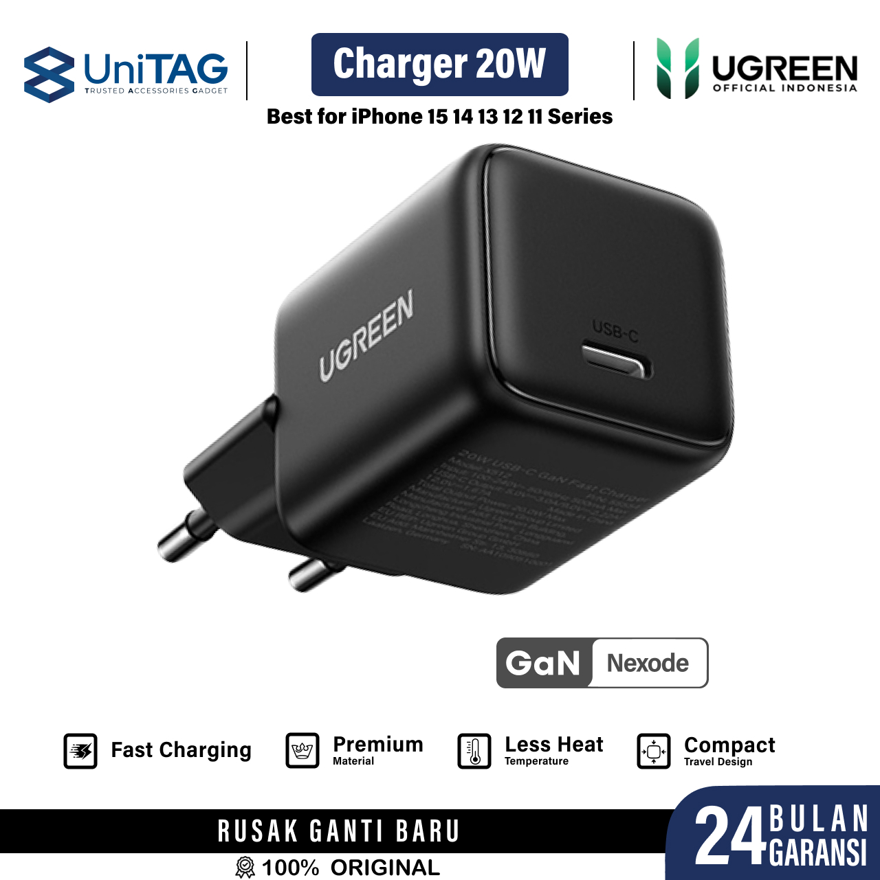 UGREEN Wall Charger GaN 1C 20W Fast Charger PD 3.0 PPS - Black X512 55553
