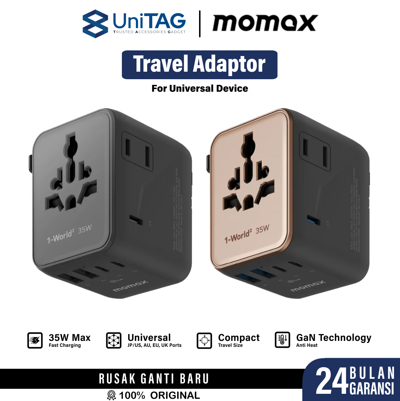 Momax Travel Adaptor 1-World2 Mini Universal 5-Port 2A 3C (with Dual AC) PD QC GaN 35W - Black UA27D