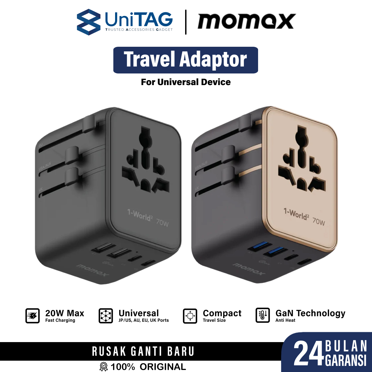 Momax Travel Adaptor 1-World2 Mini Universal 5-Port 2A 3C (with Dual AC) PD QC GaN 70W - Black UA22D