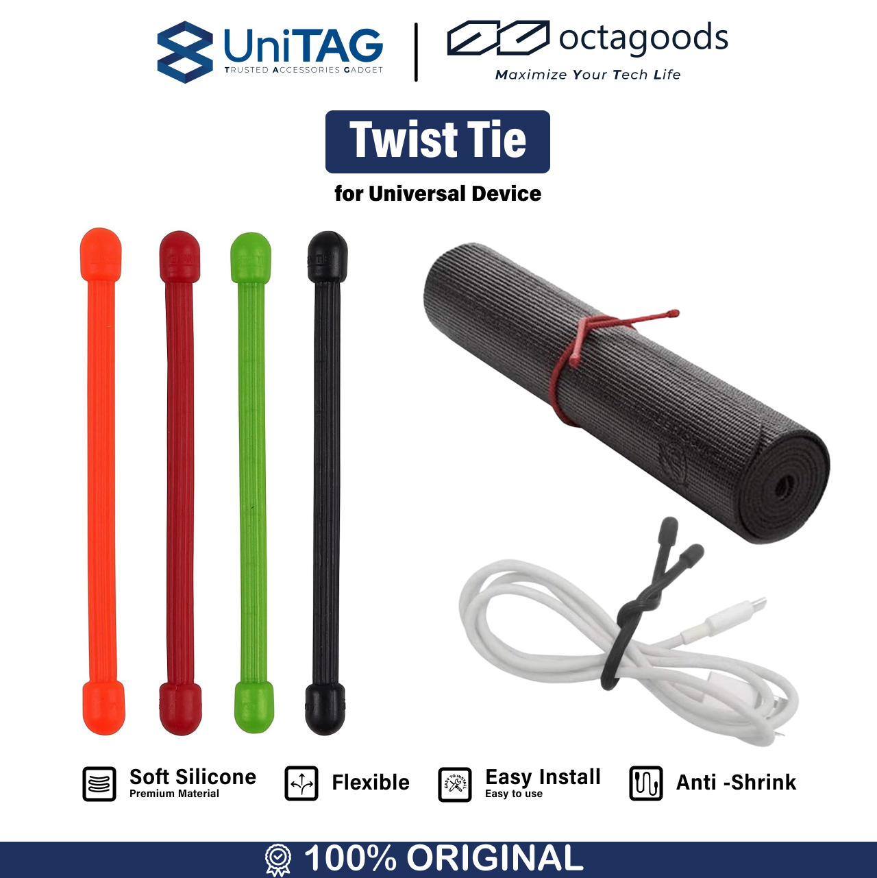 Octagoods Cable Organizer 6 Inch Silicone Cable Tie 4 Pack - Black Green Red Orange