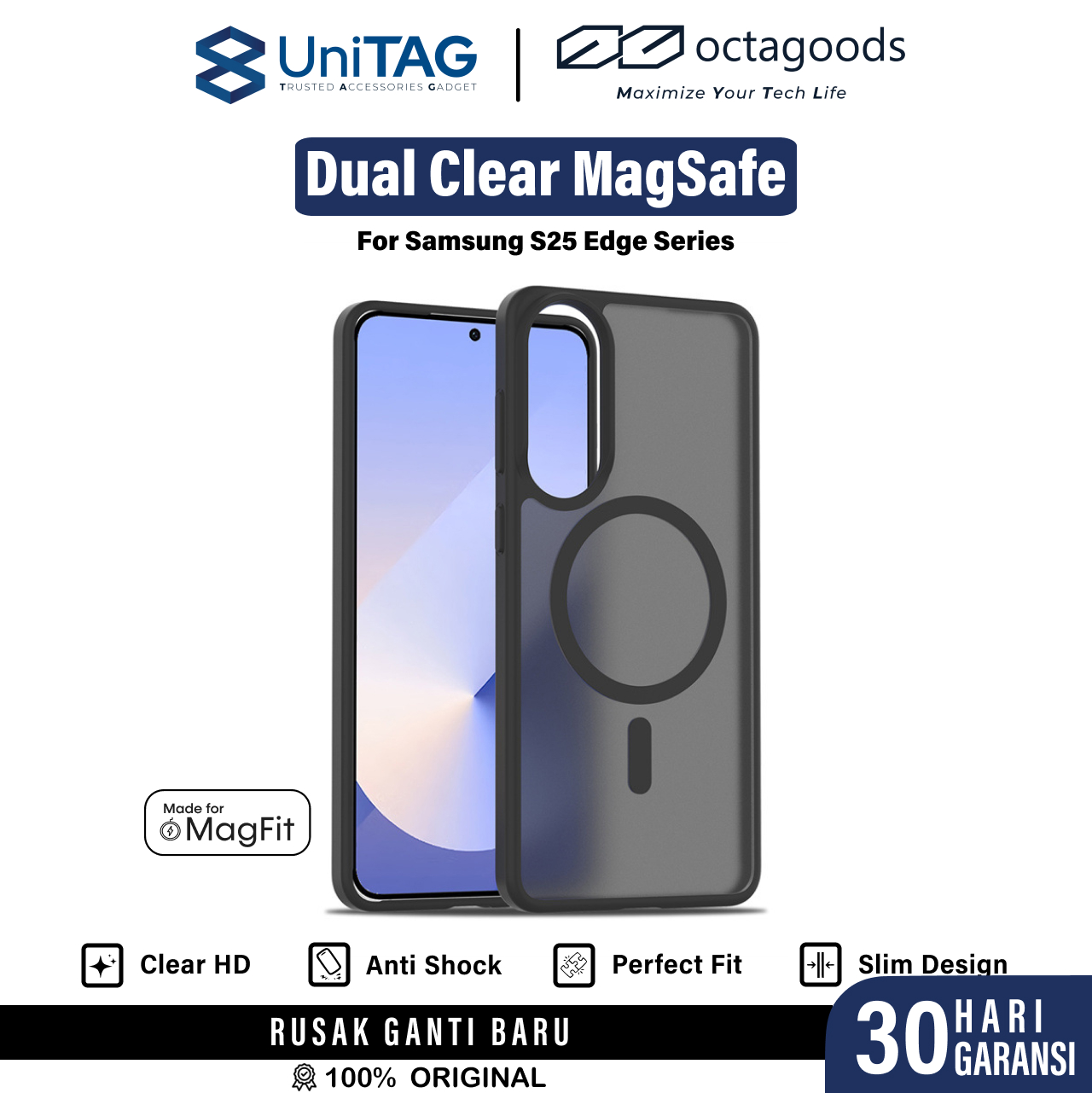 Octagoods Galaxy S25 Edge Case Dual Clear Magsafe - Frosted Black K400150