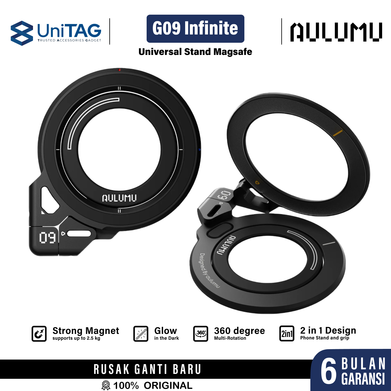 Aulumu Phone Kickstand G09 Universal Shaft Double-Sided Magnetic Mount - Black UA-G09-BK
