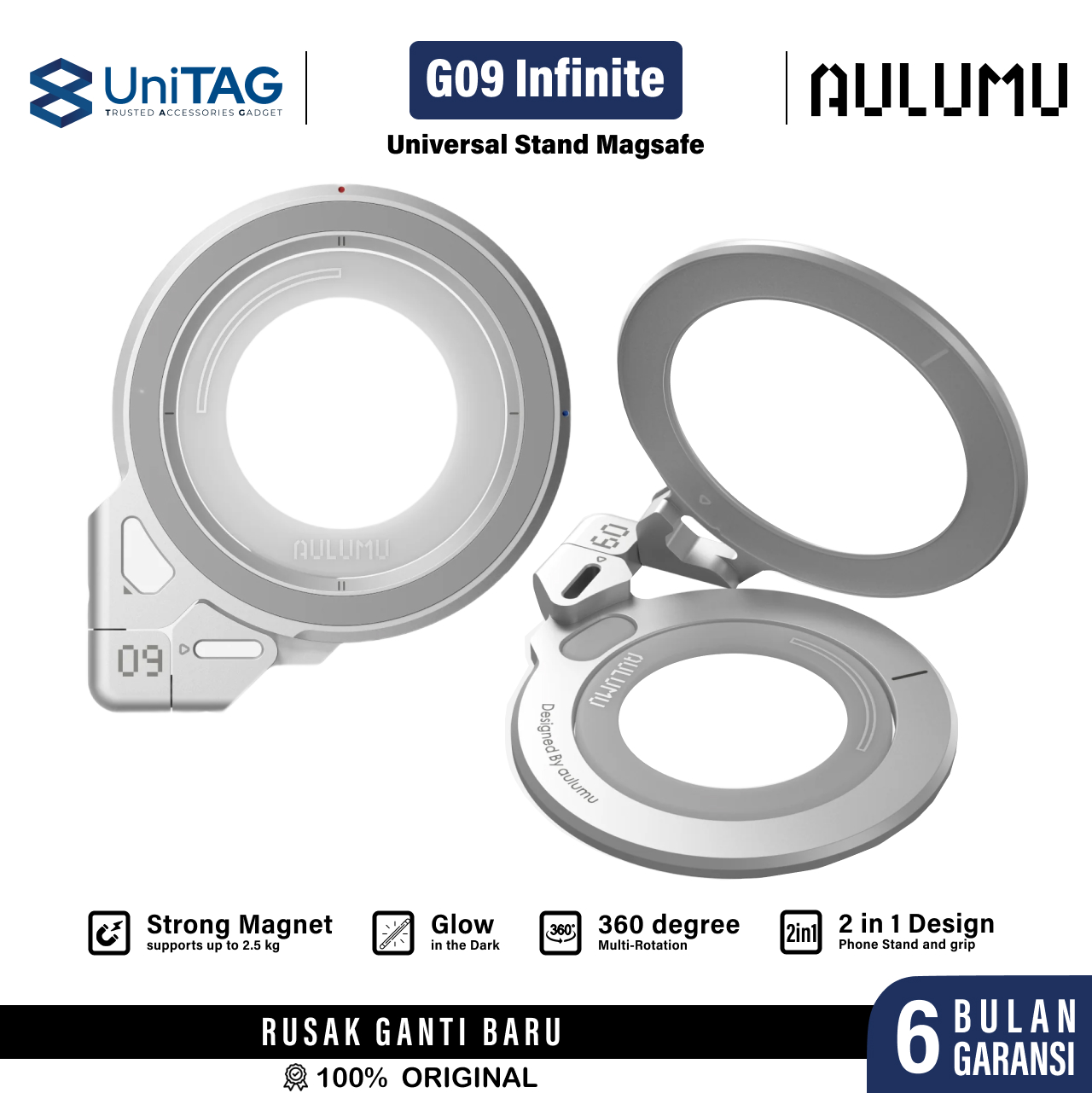 Aulumu Phone Kickstand G09 Universal Shaft Double-Sided Magnetic Mount - Silver UA-G09-SR