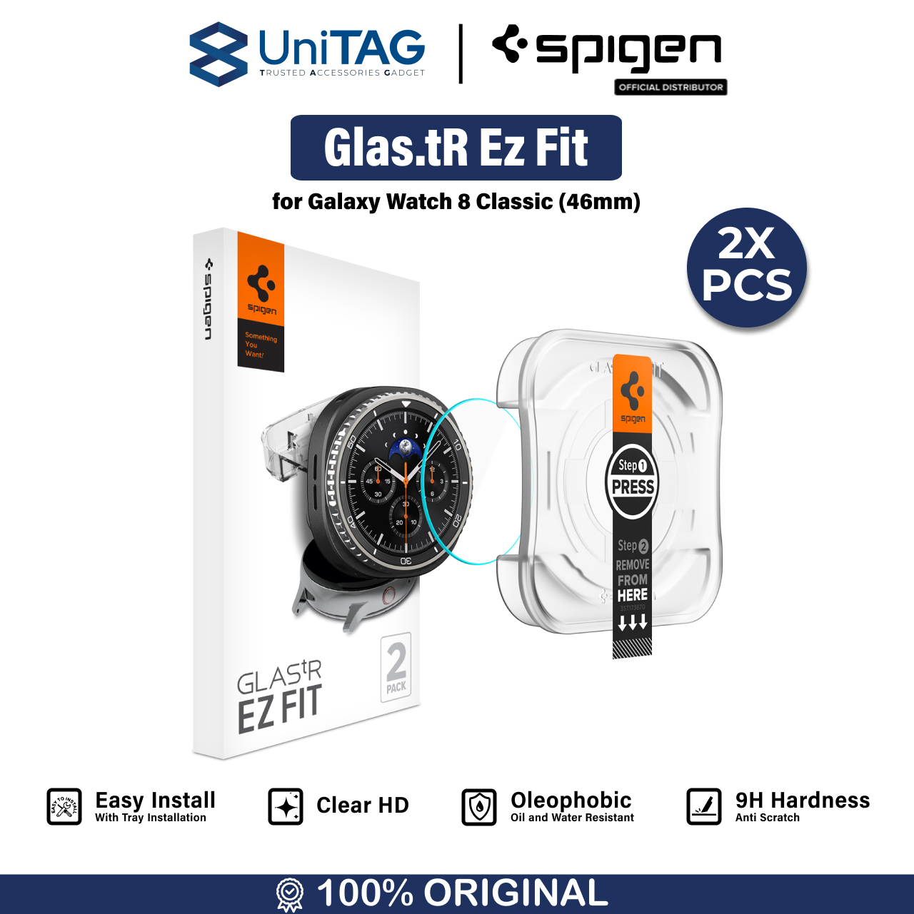 Spigen Galaxy Watch 8 (46mm) Tempered Glass with Tray 2 Pack GlastR EZ Fit - Transparency AGL09877