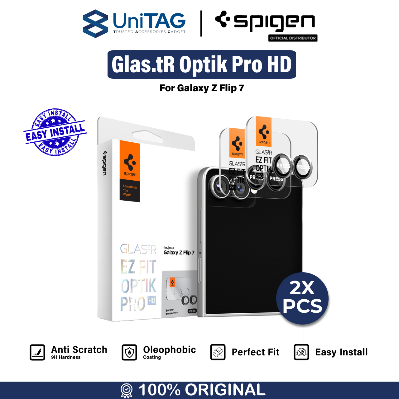 Spigen Galaxy Z Flip 7 Camera Lens Protector Camera Ring with Tray 2 Pack Glas.tR EZ Fit Optik Pro HD - Black AGL09587 (Offline SKU)