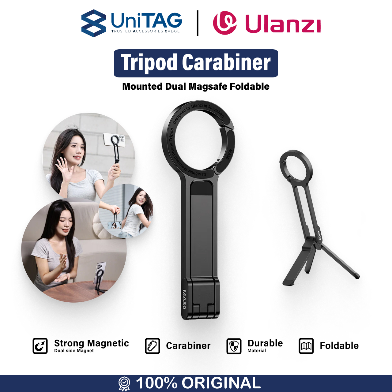 Ulanzi Tripod Carabiner Mounted Dual Magsafe Foldable - Black MA30