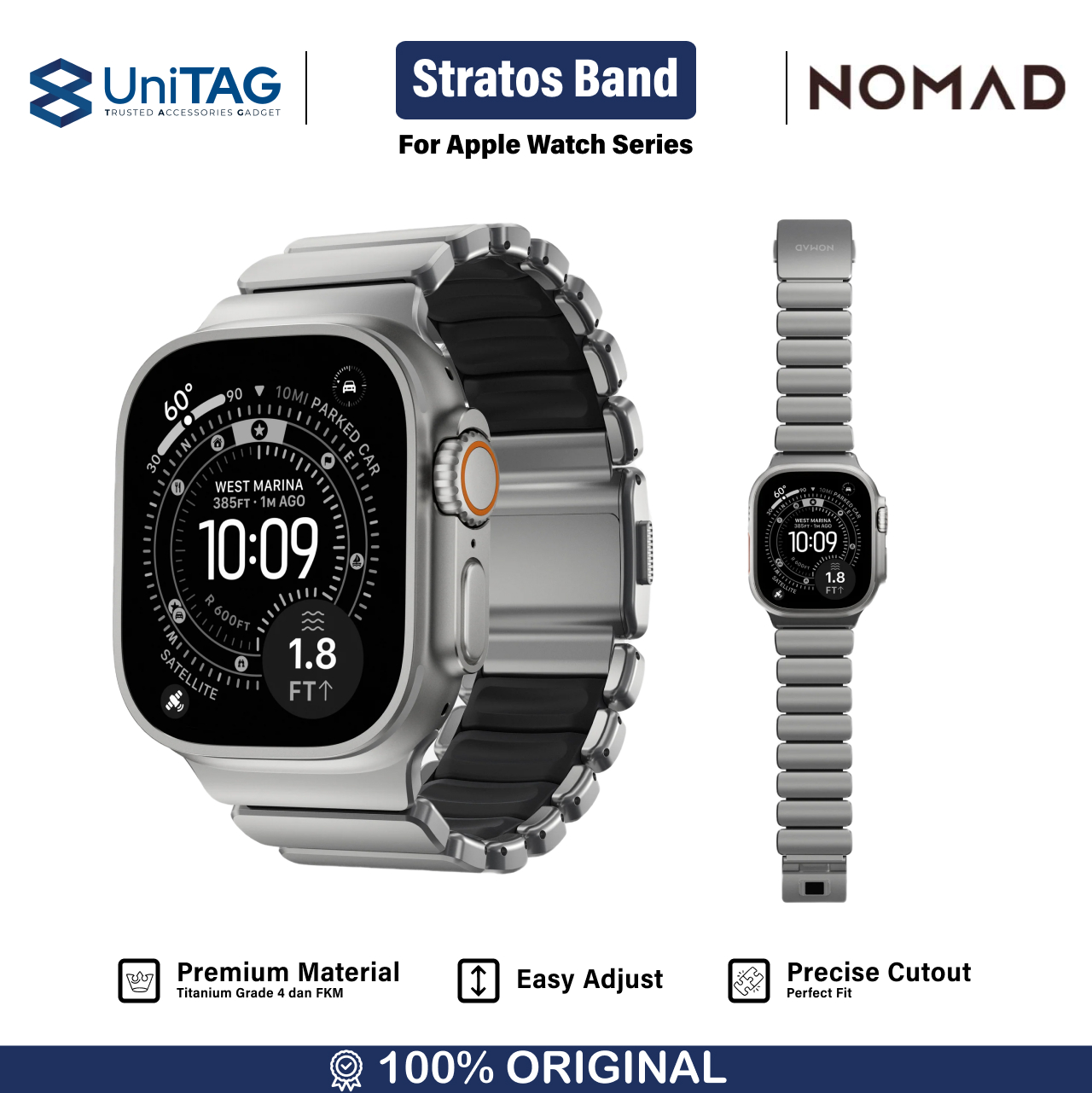 Nomad Apple Watch 49mm / 46mm / 45mm / 44mm / 42mm (Series 3 / 2 / 1) Stratos Band Natural Titanium - Black FKM NM014421858 (Online Eksklusif)