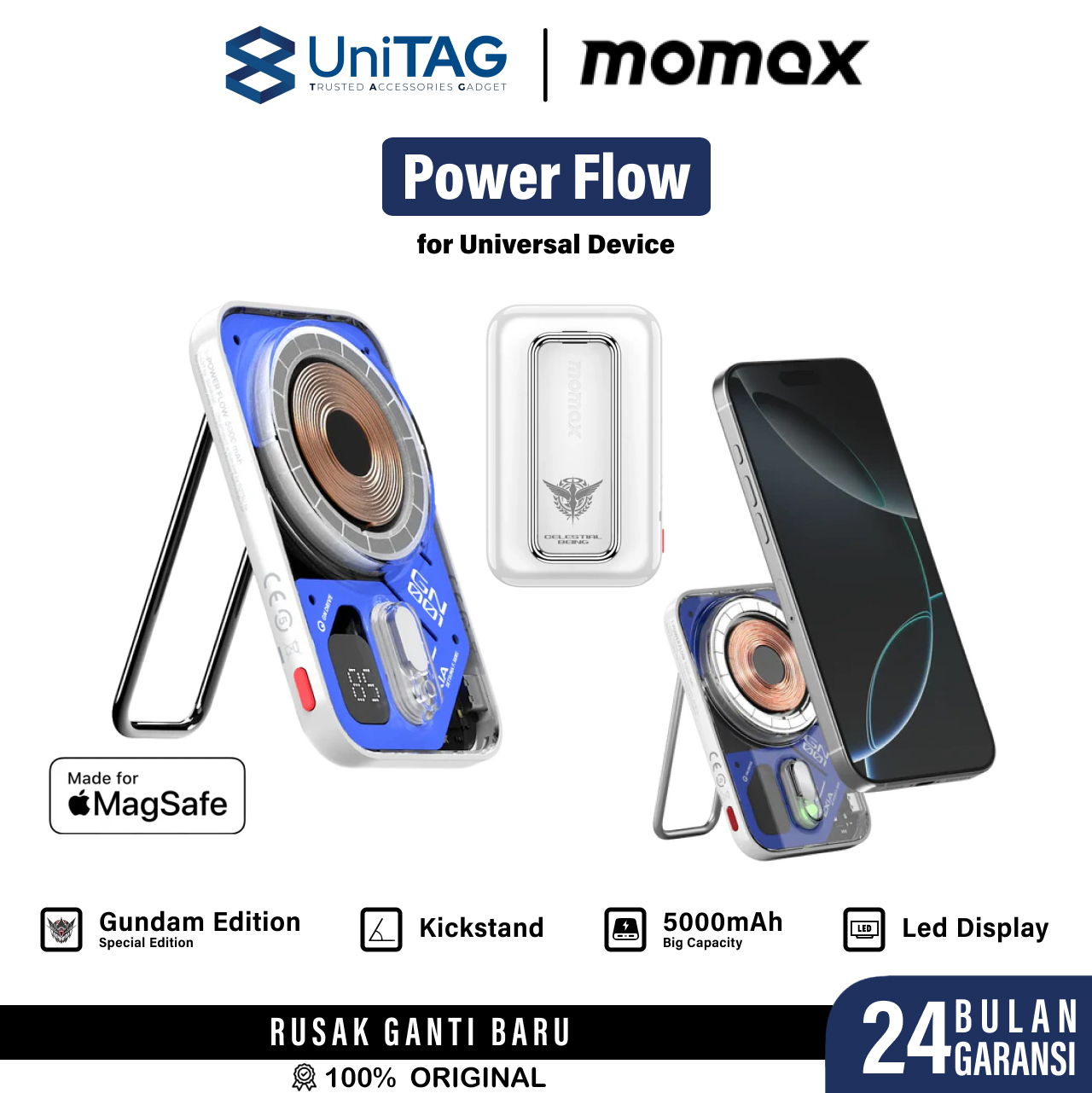 Momax Powerbank Magsafe Transparent Stand 5000mAh 1-Power Flow - Gundam White IP126GDB