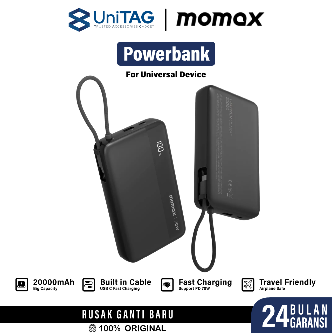 Momax Powerbank Built in Kabel Charger USB C 20000mAh 1-Power Ultra+ - Black IP151D