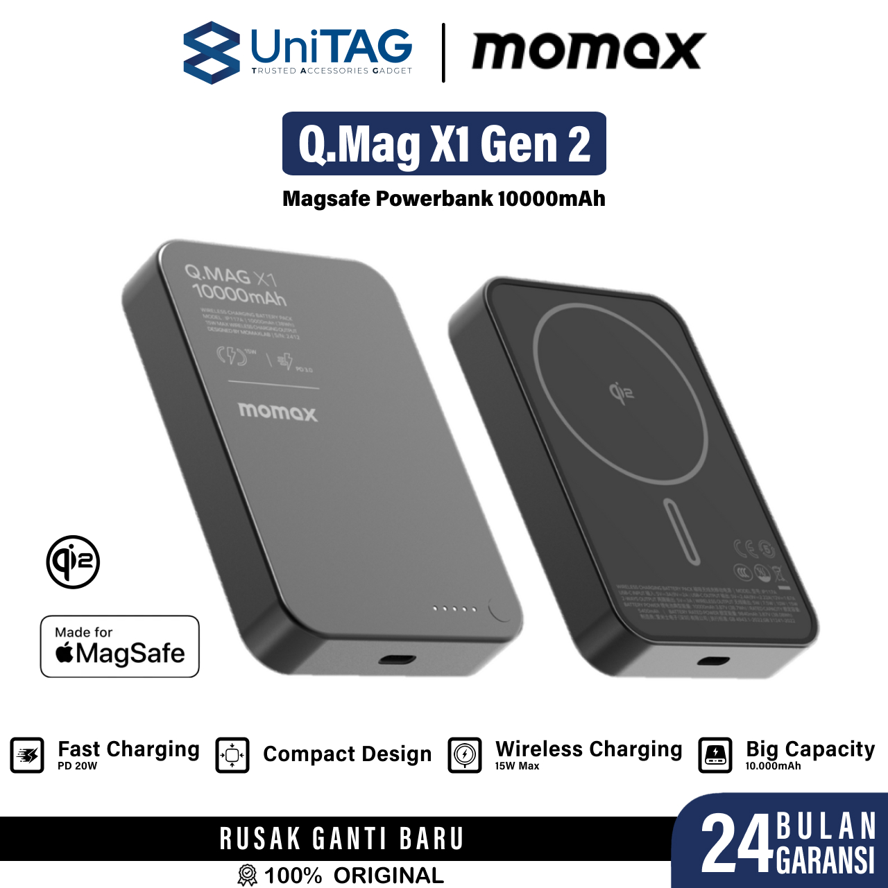 Momax Powerbank Magsafe Qi2 Thin 10000mAh Q.Pass X1 Gen 2 - Black IP136Q2D