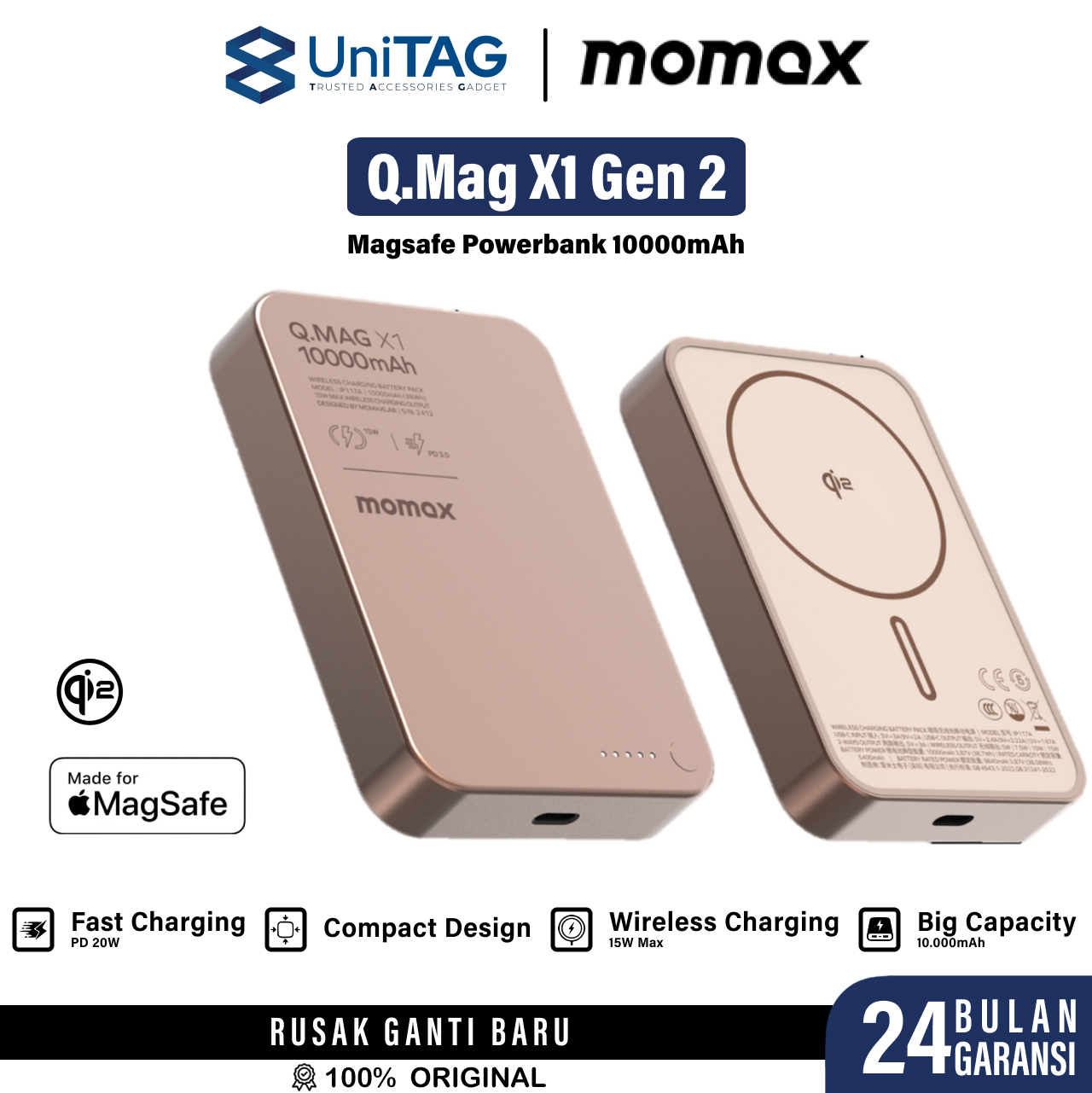 Momax Powerbank Magsafe Qi2 Thin 10000mAh Q.Pass X1 Gen 2 - Sandstone IP136Q2L2