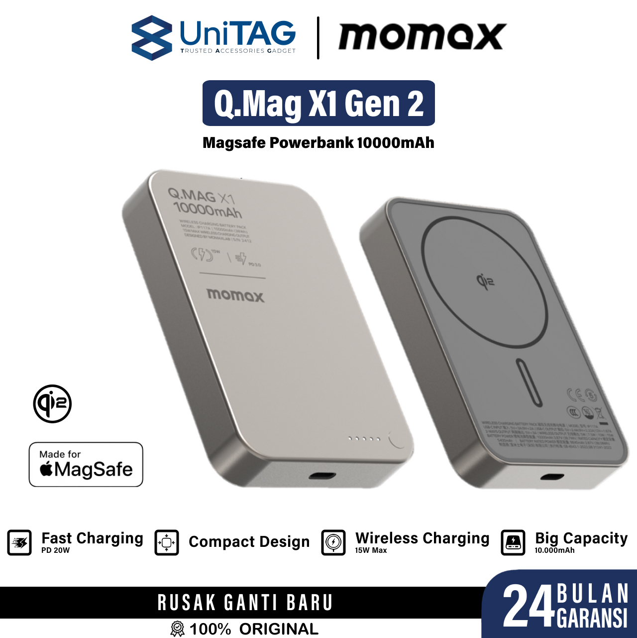 Momax Powerbank Magsafe Qi2 Thin 10000mAh Q.Pass X1 Gen 2 - Titanium IP136Q2L