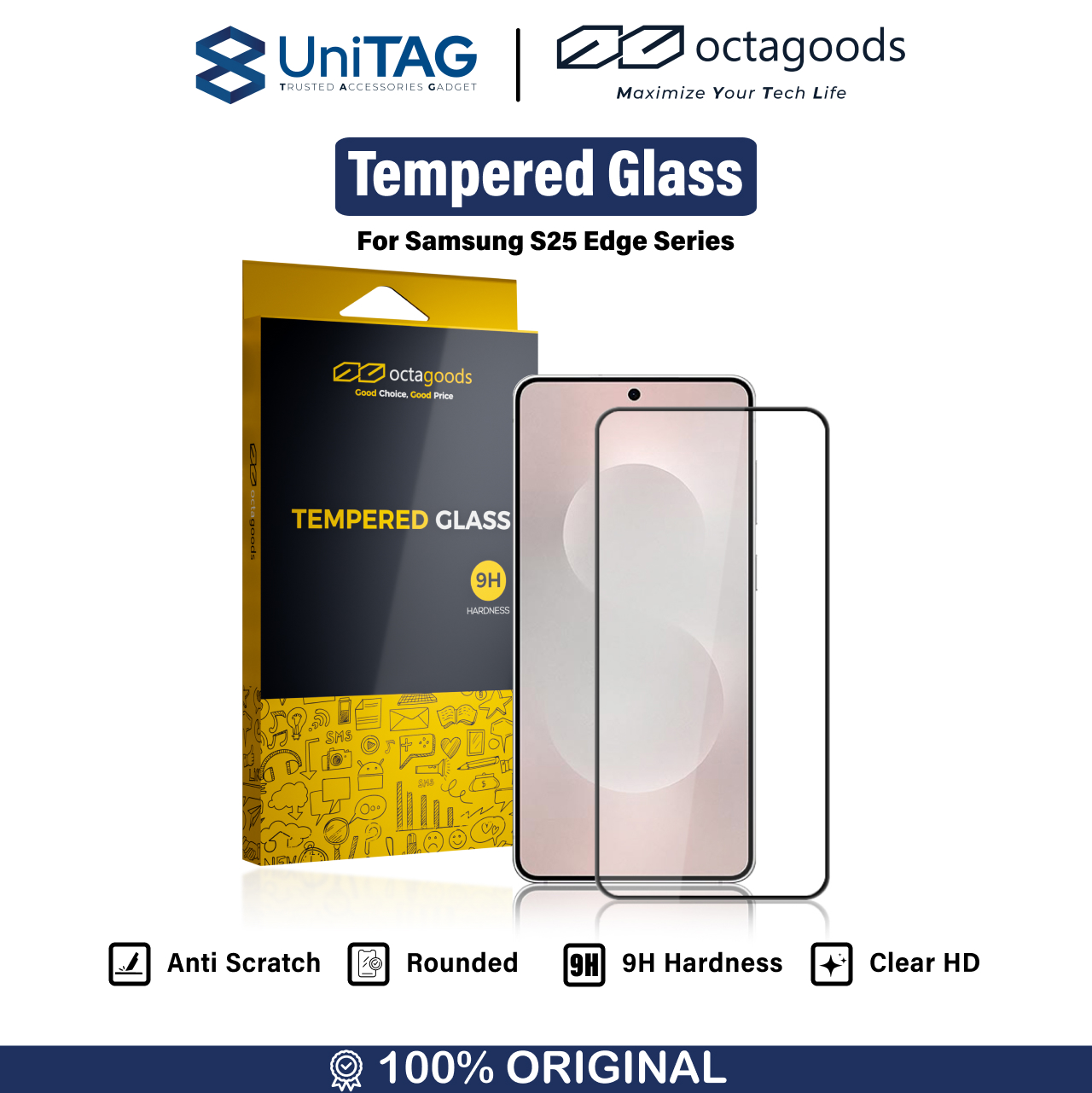 Octagoods Galaxy S25 Edge Tempered Glass Full Cover - Black SX7636