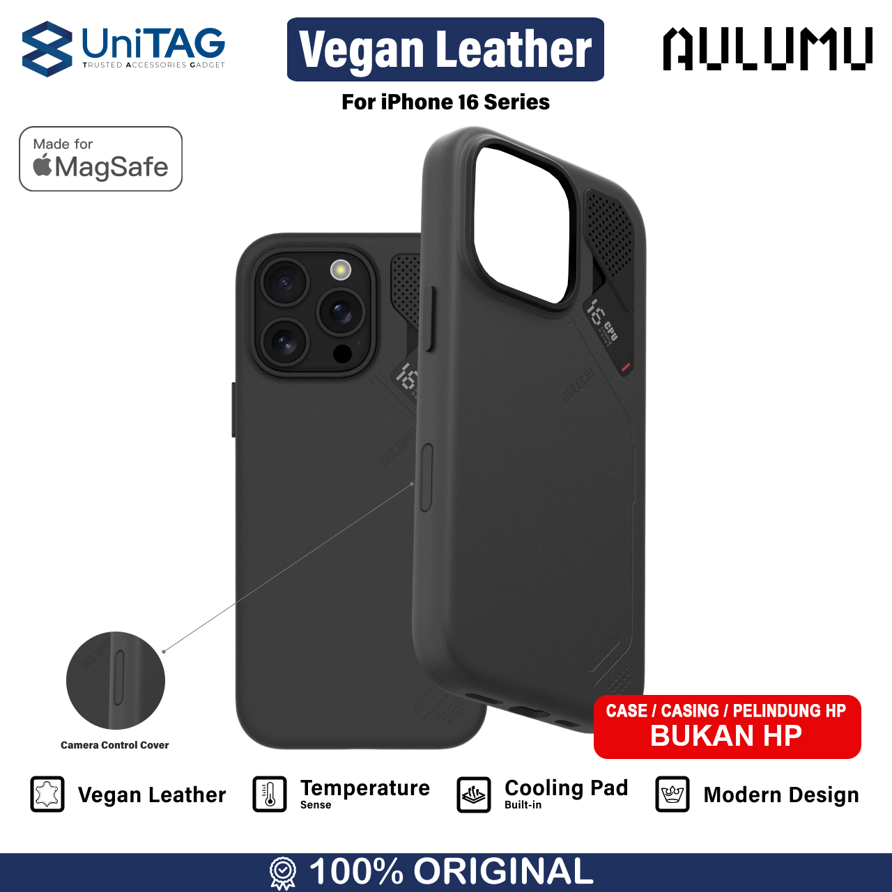 Aulumu iPhone 16 Pro Case Vegan Leather with Camera Control - Black A16-PU-BK-PRO-B
