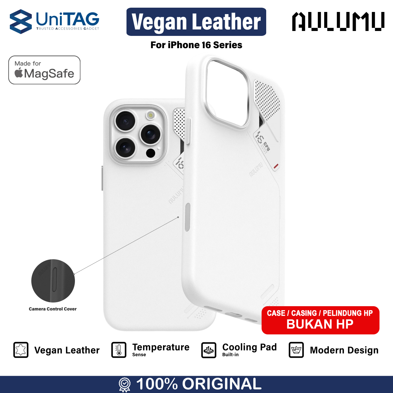 Aulumu iPhone 16 Pro Max Case Vegan Leather with Camera Control - White A16-PU-WT-PM